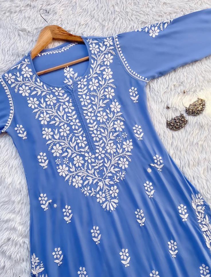 BHUMI CHIKANKARI PREMIUM MODAL STRAIGHT LONG KURTA - Ethnic Naari