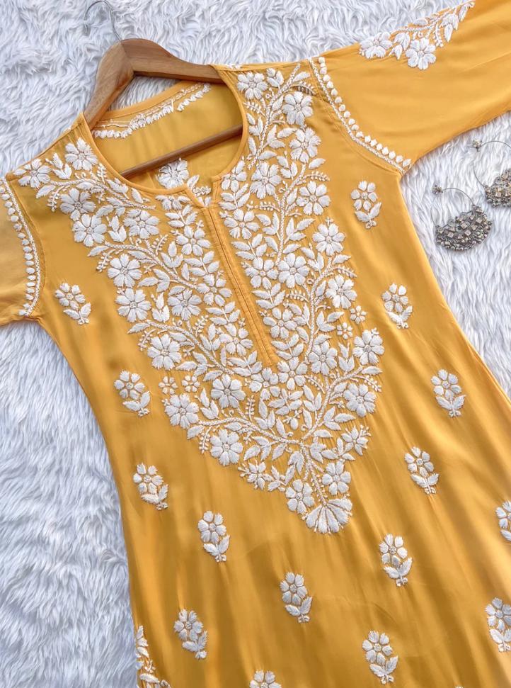 BHUMI CHIKANKARI PREMIUM MODAL STRAIGHT LONG KURTA - Ethnic Naari