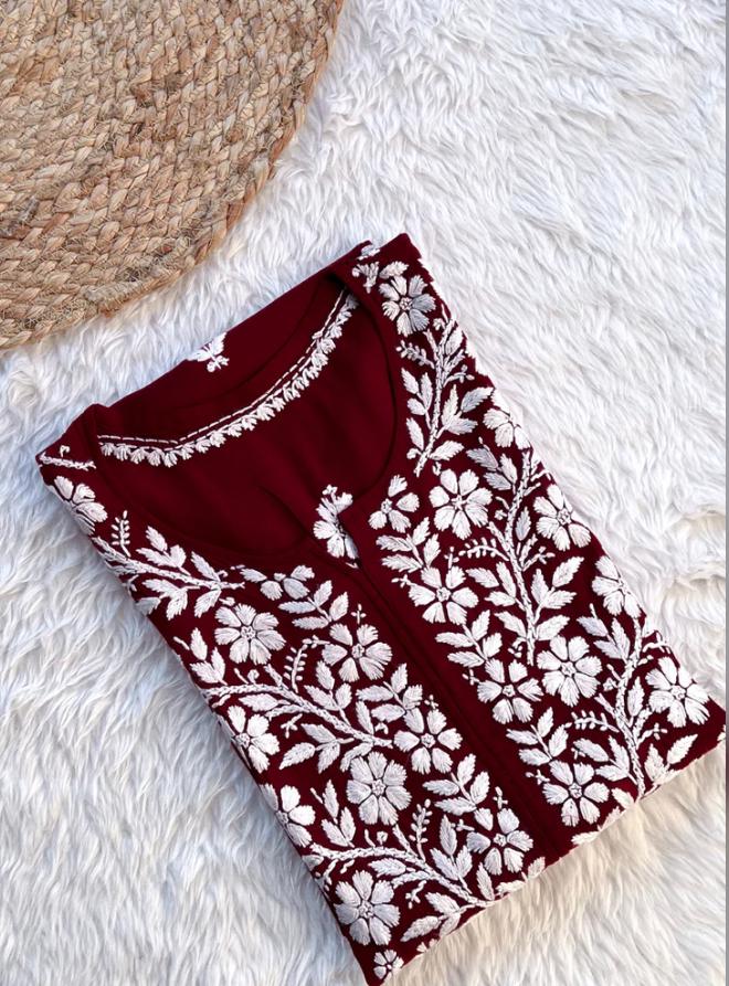 BHUMI CHIKANKARI PREMIUM MODAL STRAIGHT LONG KURTA - Ethnic Naari