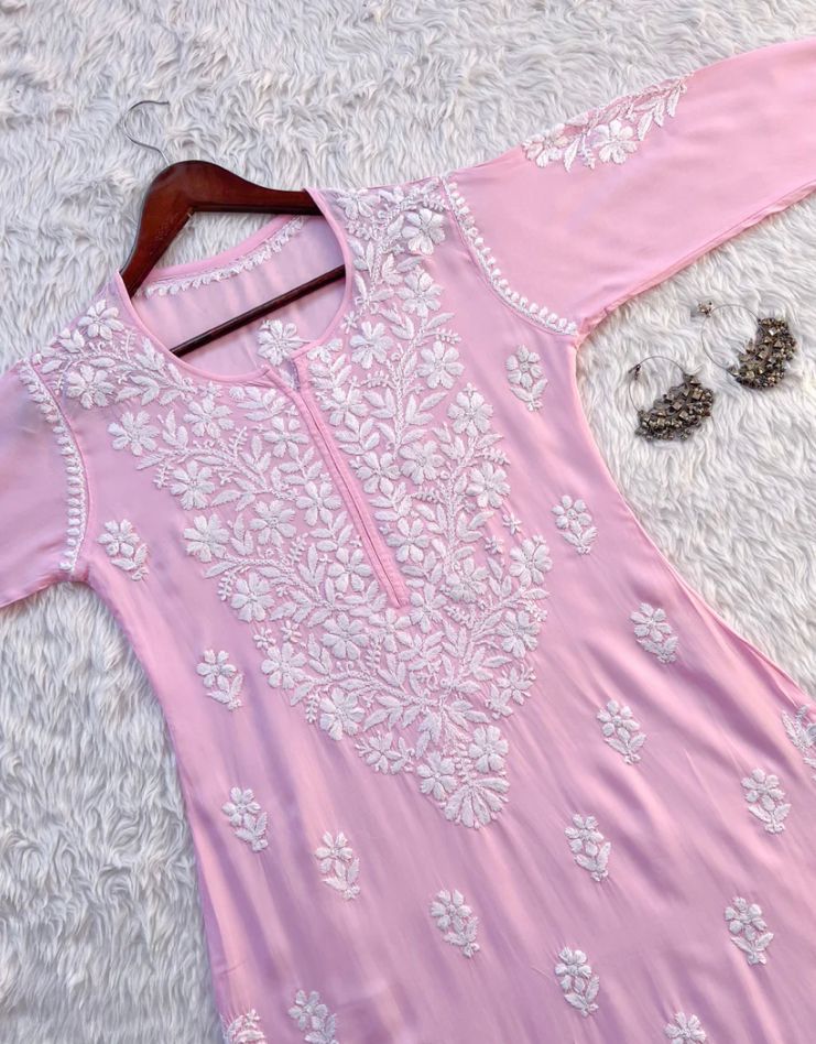 BHUMI CHIKANKARI PREMIUM MODAL STRAIGHT LONG KURTA - Ethnic Naari