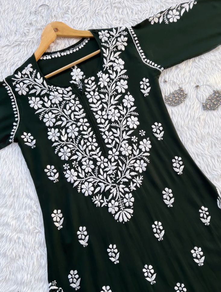 BHUMI CHIKANKARI PREMIUM MODAL STRAIGHT LONG KURTA - Ethnic Naari