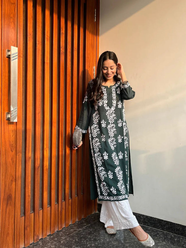 NOOR CHIKANKARI PREMIUM MODAL STRAIGHT KURTA - Ethnic Naari
