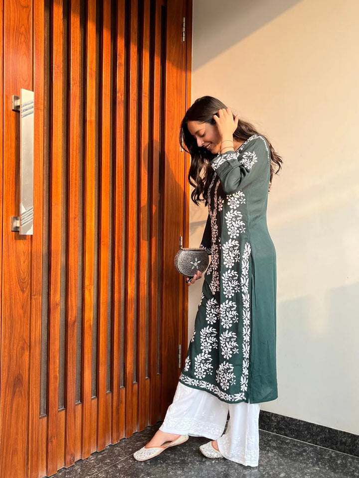 NOOR CHIKANKARI PREMIUM MODAL STRAIGHT KURTA - Ethnic Naari