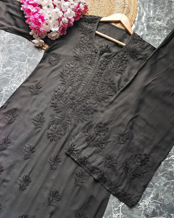 BENAFSHA CHIKANKARI BLACK RAYON DYED KURTA AND PALAZZO SET - Ethnic Naari
