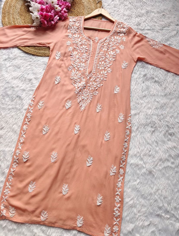 ANAM CHIKANKARI MODAL STRAIGHT LONG KURTA - Ethnic Naari