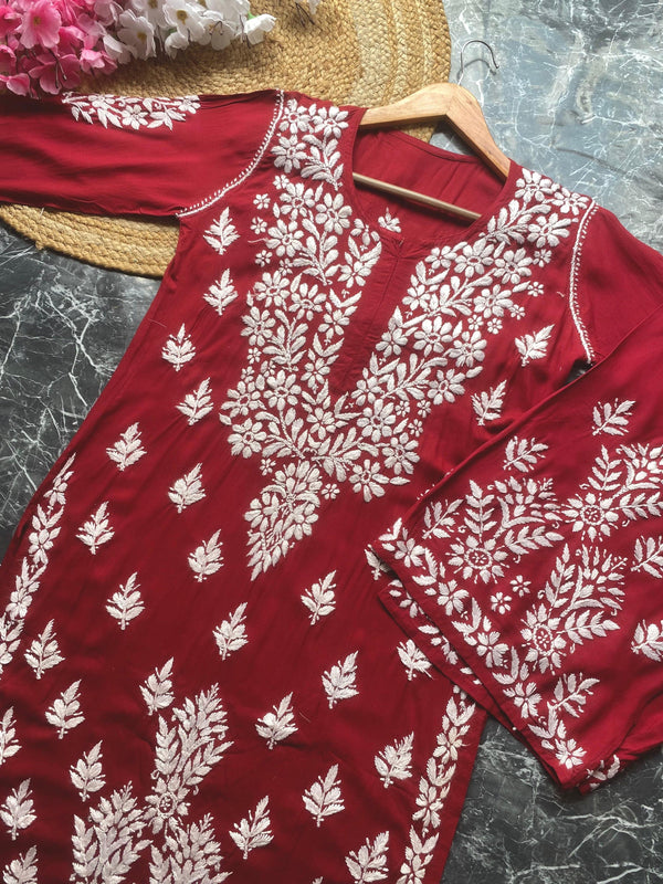 MYSA CHIKANKARI RED PREMIUM MODAL KURTA AND PALAZZO SET - Ethnic Naari