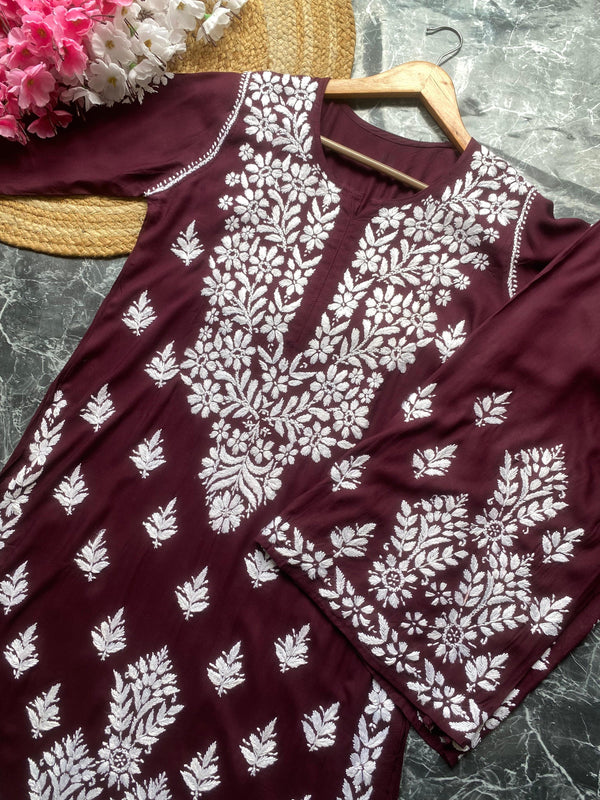 MYSA CHIKANKARI WINE PREMIUM MODAL KURTA AND PALAZZO SET - Ethnic Naari