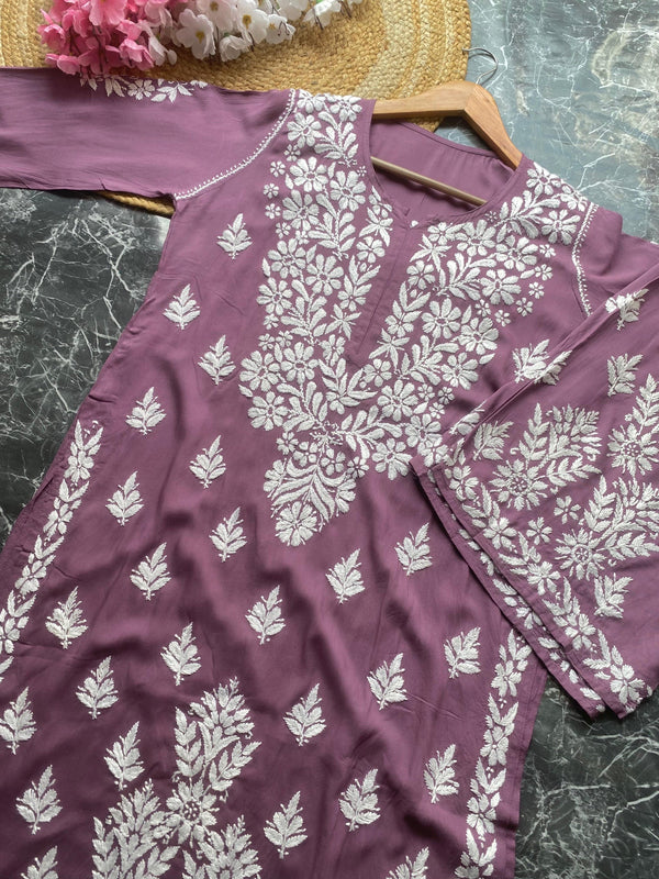 MYSA CHIKANKARI DUSTY PURPLE PREMIUM MODAL KURTA AND PALAZZO SET - Ethnic Naari