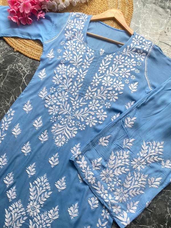 MYSA CHIKANKARI POWDER BLUE PREMIUM MODAL KURTA AND PALAZZO SET - Ethnic Naari
