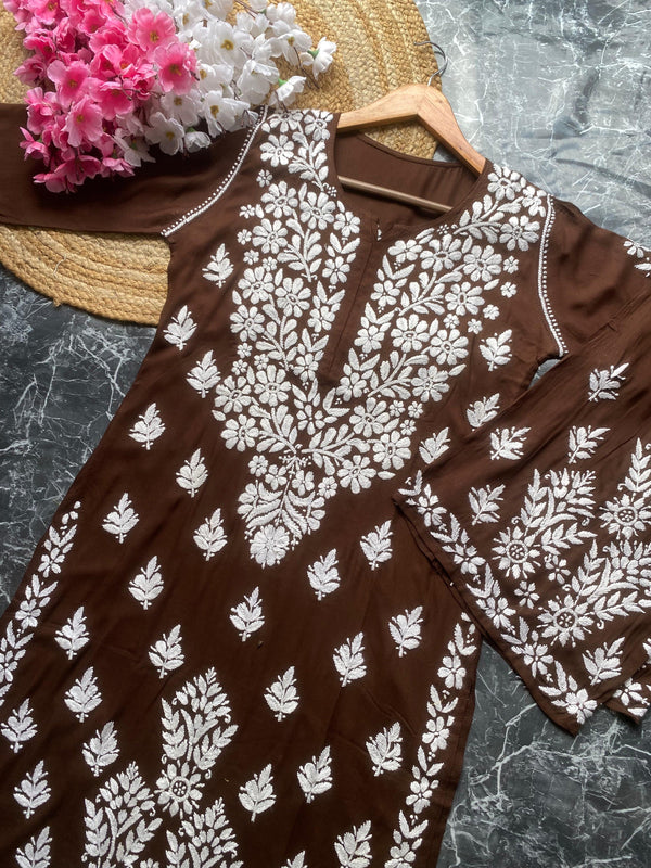 MYSA CHIKANKARI CHOCOLATE BROWN PREMIUM MODAL KURTA AND PALAZZO SET - Ethnic Naari