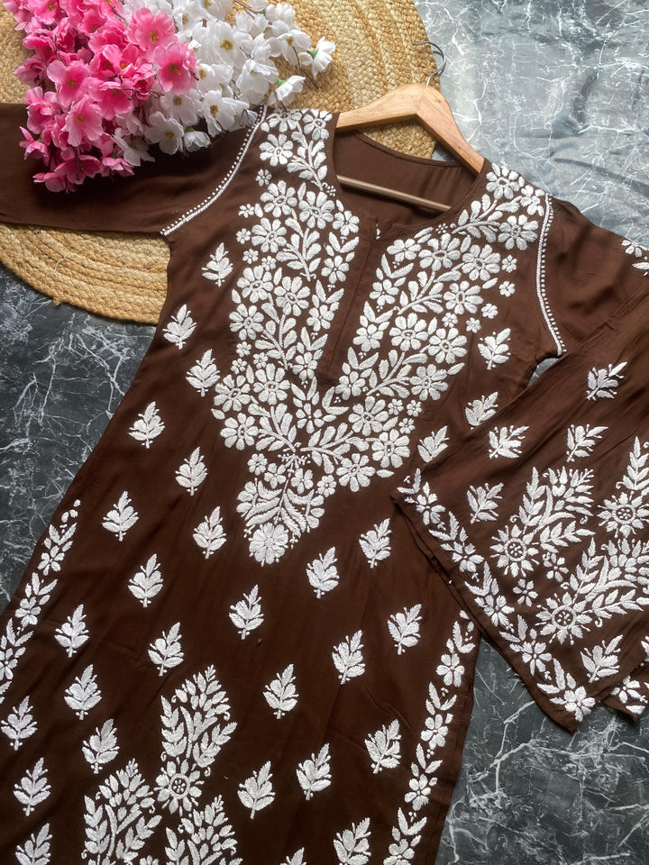 MYSA CHIKANKARI CHOCOLATE BROWN PREMIUM MODAL KURTA AND PALAZZO SET - Ethnic Naari