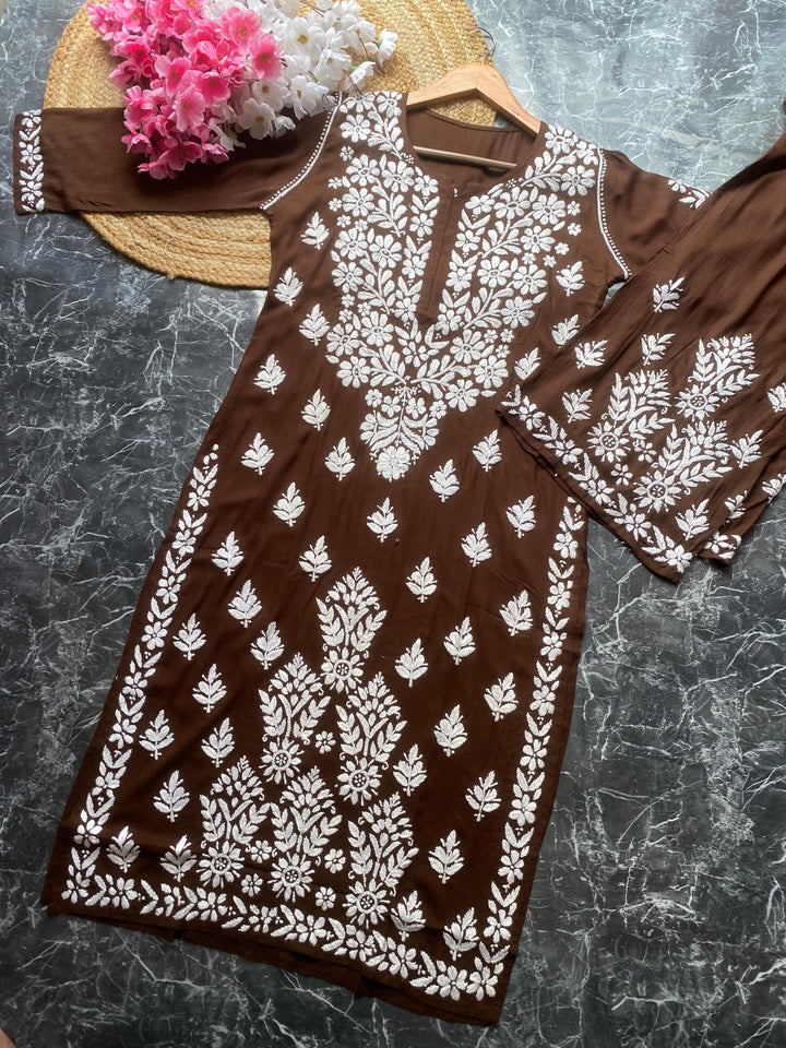 MYSA CHIKANKARI CHOCOLATE BROWN PREMIUM MODAL KURTA AND PALAZZO SET - Ethnic Naari
