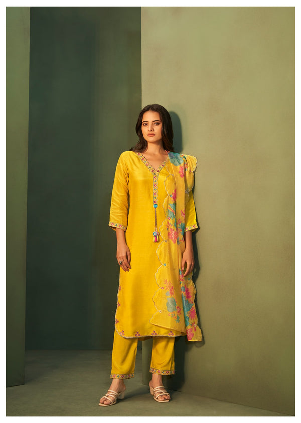 YELLOW 3 PIECE PURE VISCOSE FESTIVE SUIT