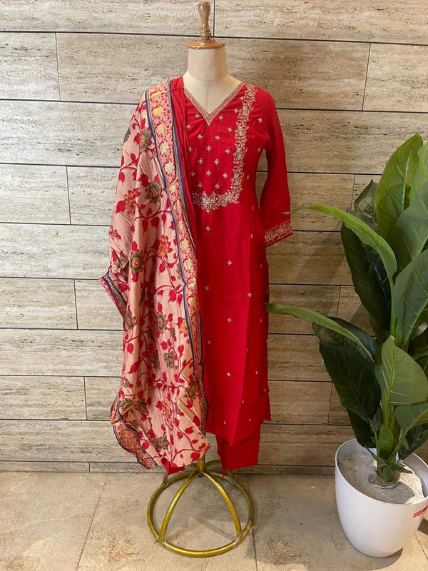 KIARA RED MUSLIN STITCHED SUIT SET