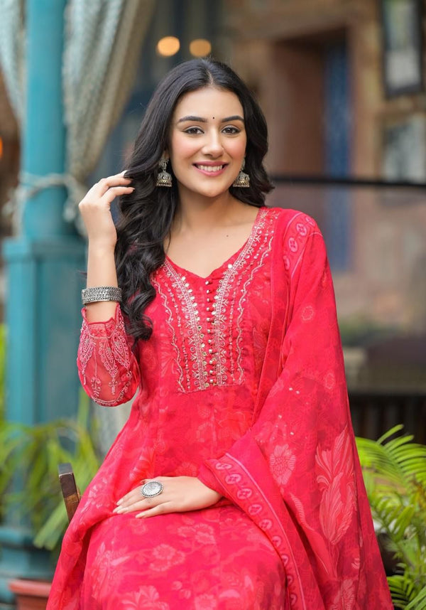 RED PURE ORGANZA ANARKALI SUIT