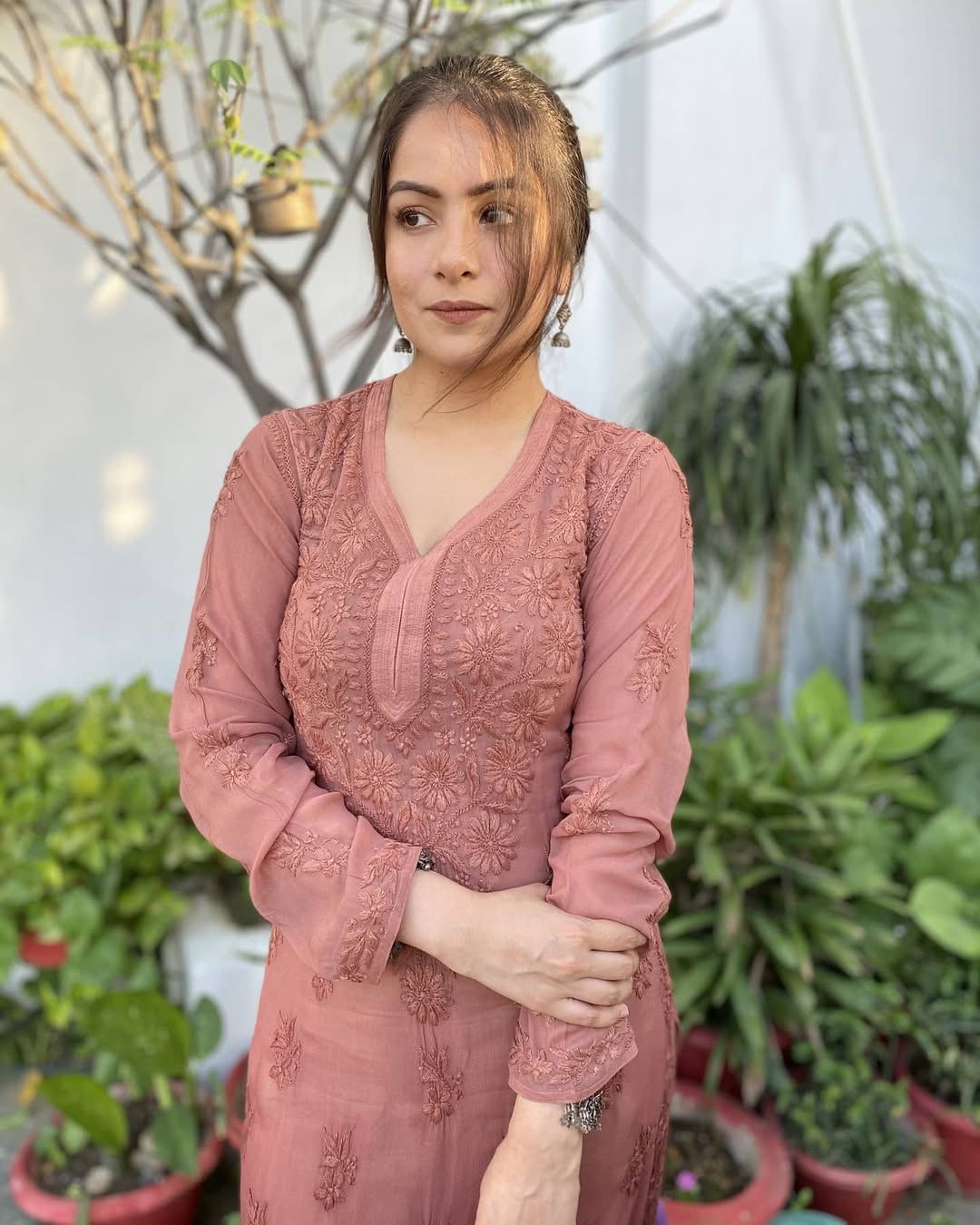 PARISHA BROWN PREMIUM VISCOSE PURE HAND EMBROIDERED CHIKANKARI LONG KURTA