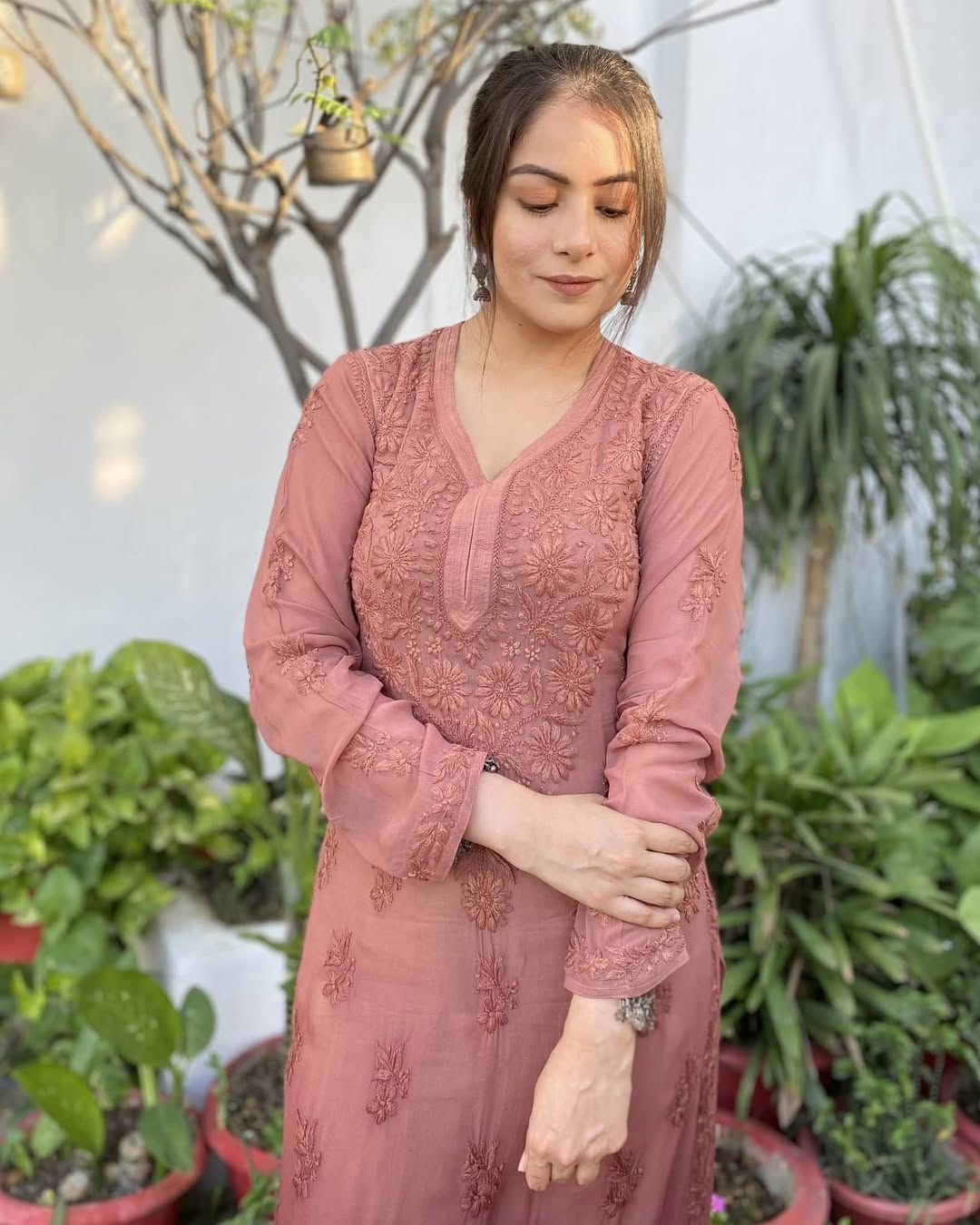 PARISHA BROWN PREMIUM VISCOSE PURE HAND EMBROIDERED CHIKANKARI LONG KURTA