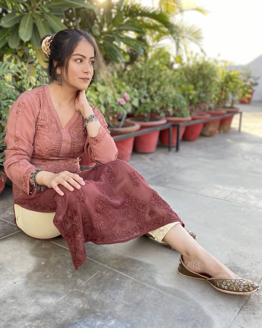 PARISHA BROWN PREMIUM VISCOSE PURE HAND EMBROIDERED CHIKANKARI LONG KURTA