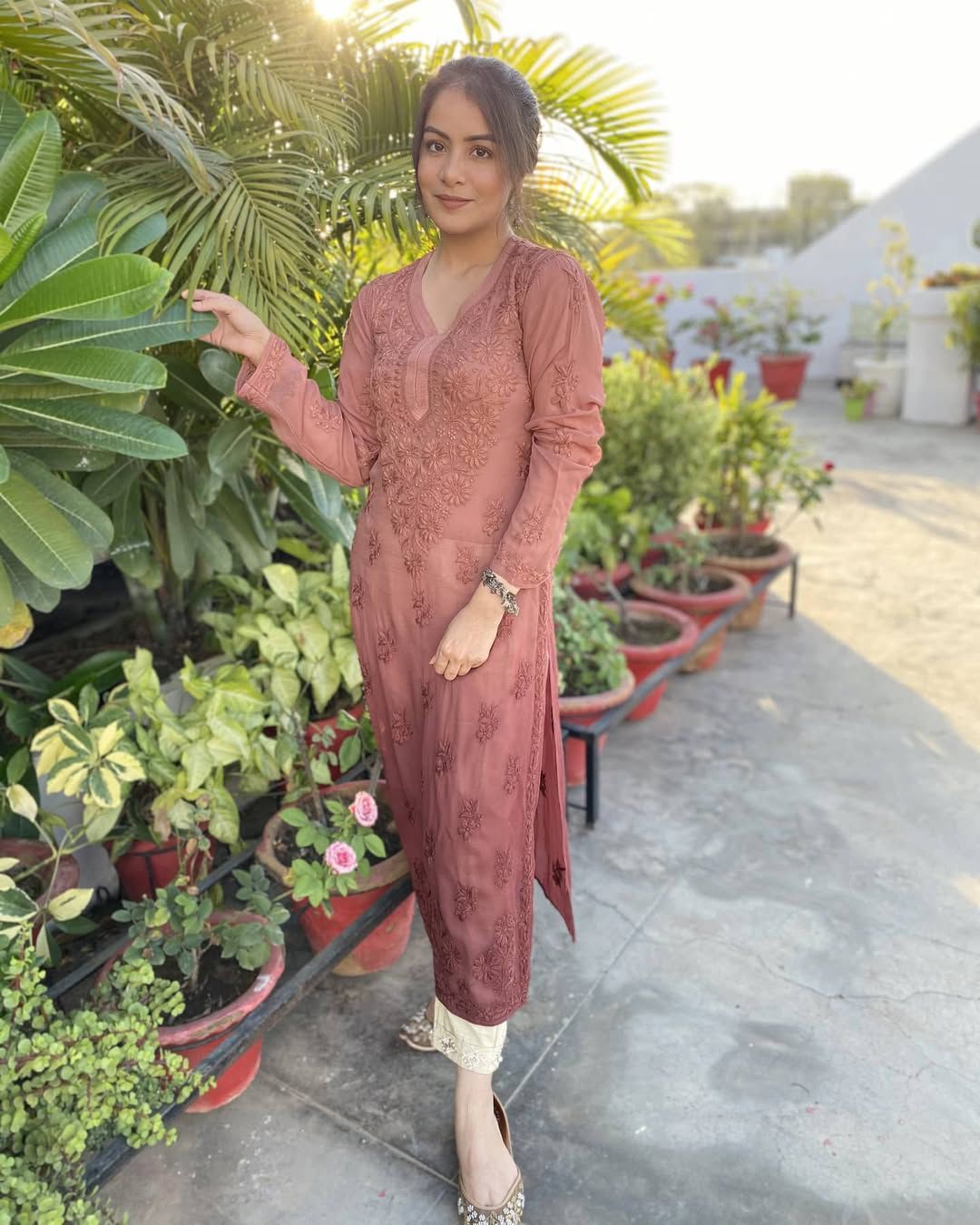 PARISHA BROWN PREMIUM VISCOSE PURE HAND EMBROIDERED CHIKANKARI LONG KURTA