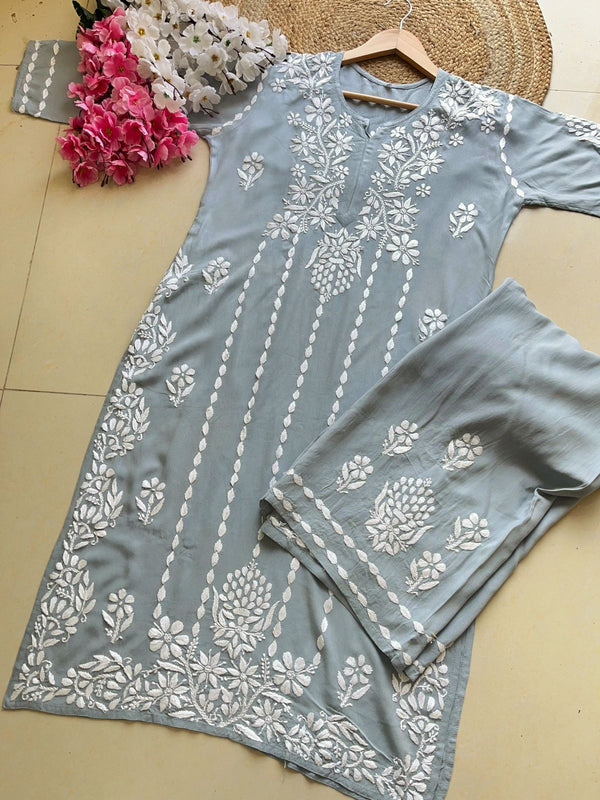 ASIN GREY RAYON CHIKANKARI KURTA PALAZZO SET