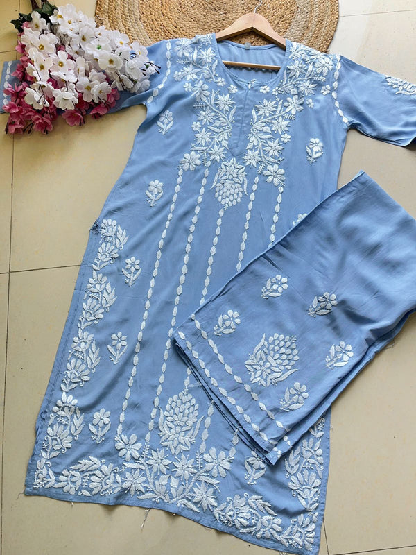 ASIN POWDER BLUE RAYON CHIKANKARI KURTA PALAZZO SET