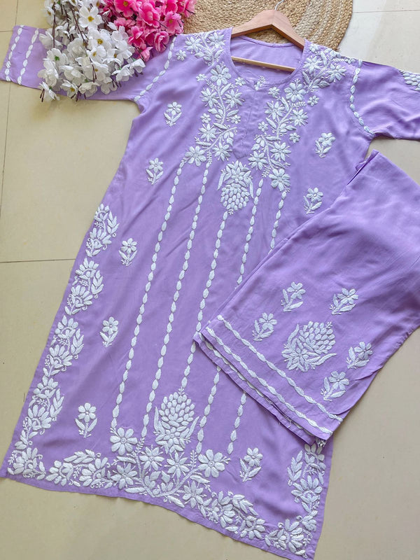ASIN LAVENDER RAYON CHIKANKARI KURTA PALAZZO SET