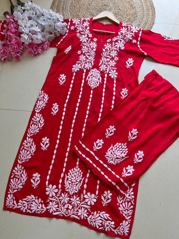 ASIN RED RAYON CHIKANKARI KURTA PALAZZO SET