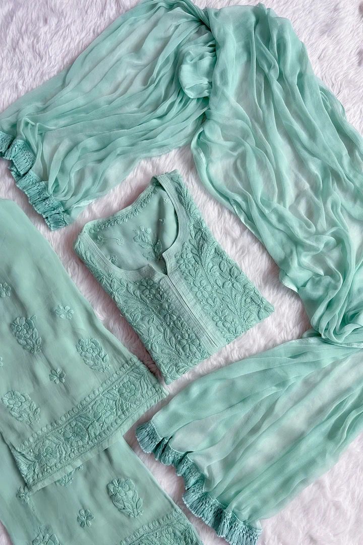 SWATI PREMIUM VISCOSE GEORGETTE 3D WORK SEA GREEN STRAIGHT KURTA SET