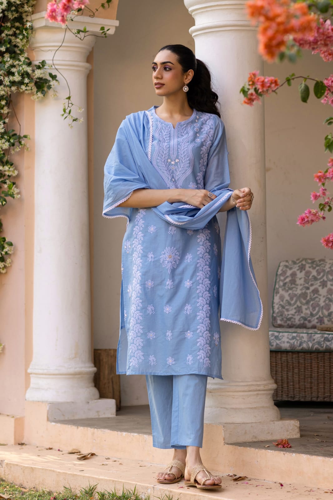 SARGAM POWDER BLUE PURE MUL COTTON  CHIKANKARI SUIT SET