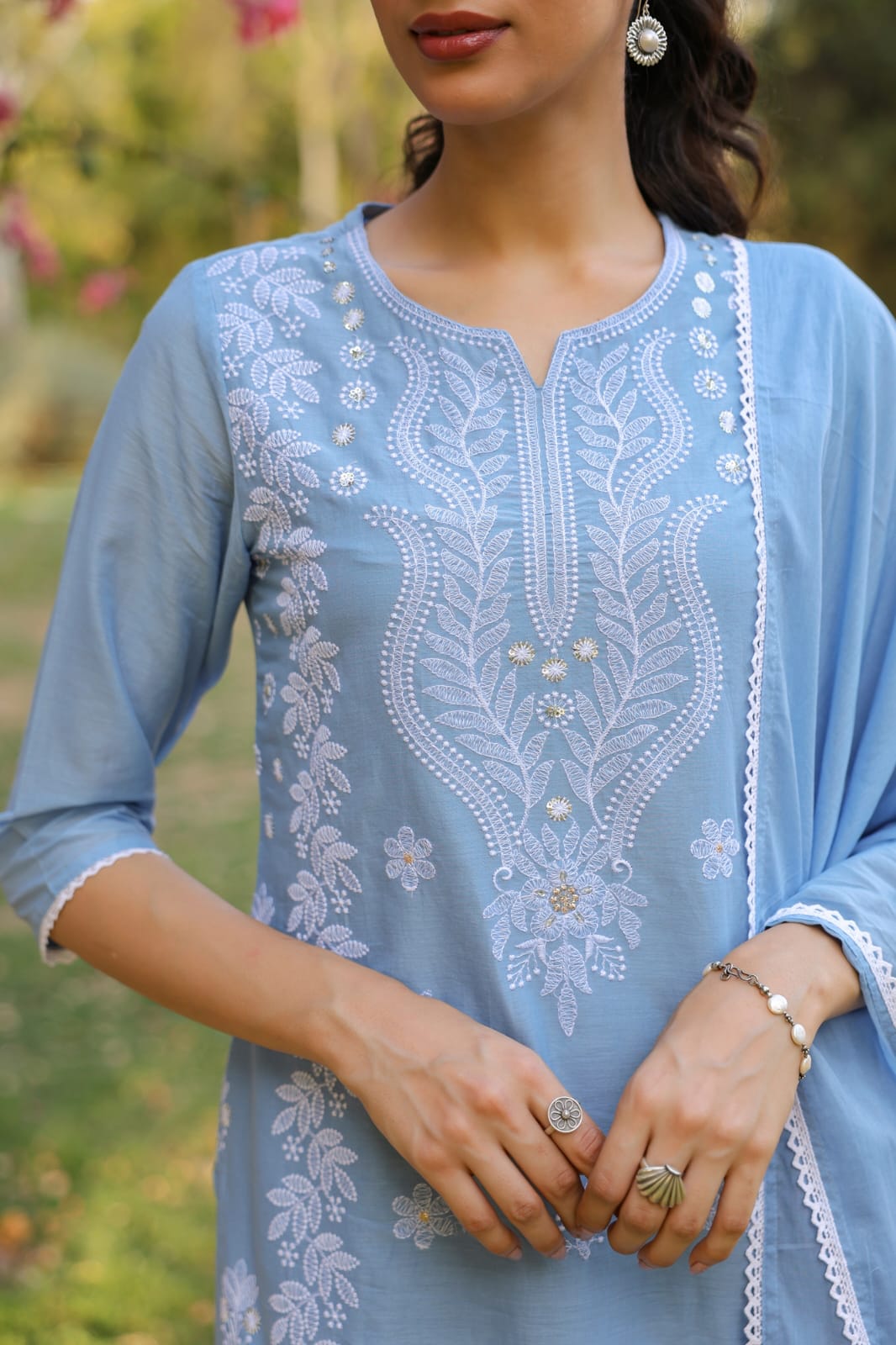 SARGAM POWDER BLUE PURE MUL COTTON  CHIKANKARI SUIT SET