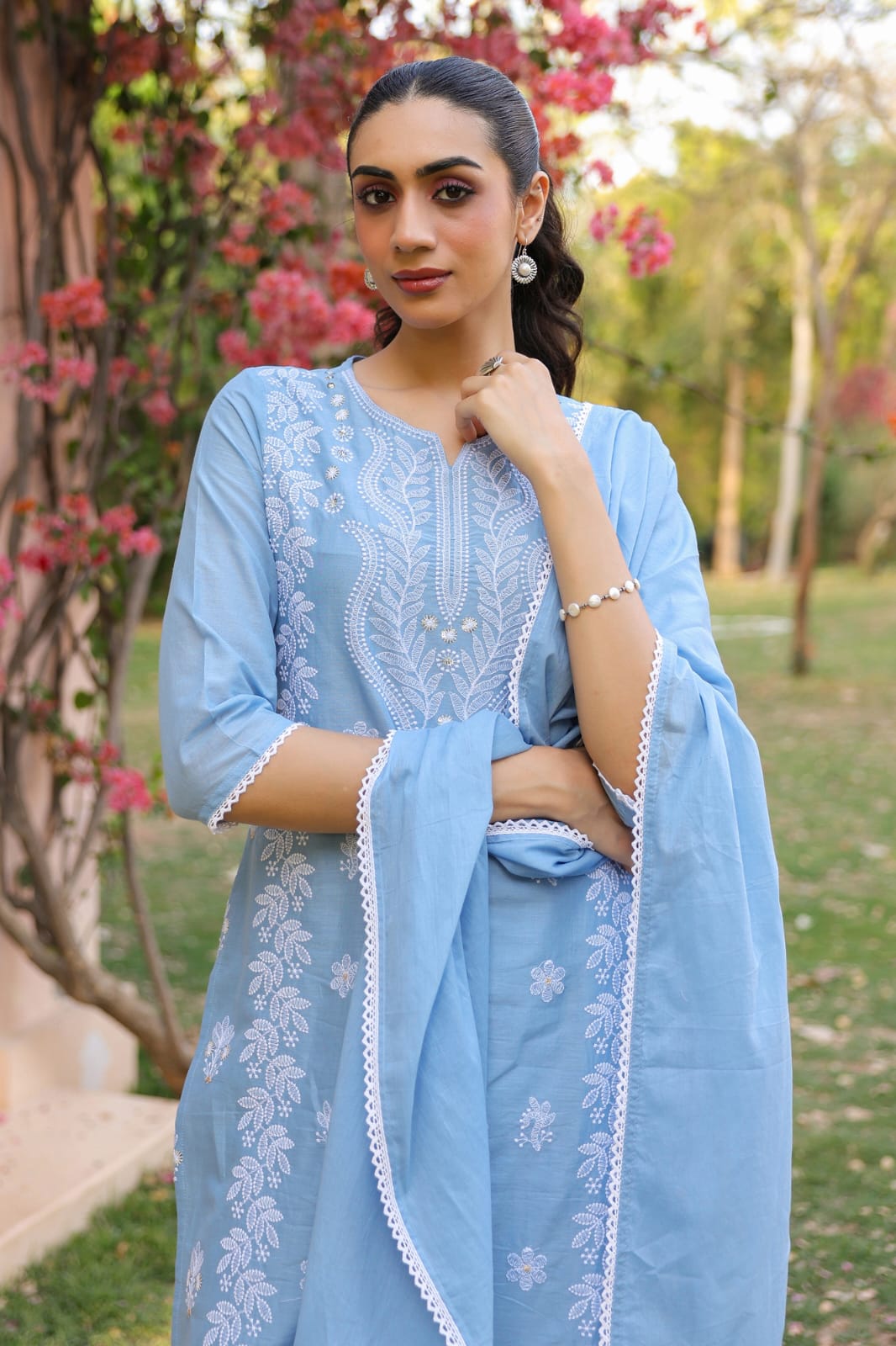SARGAM POWDER BLUE PURE MUL COTTON  CHIKANKARI SUIT SET