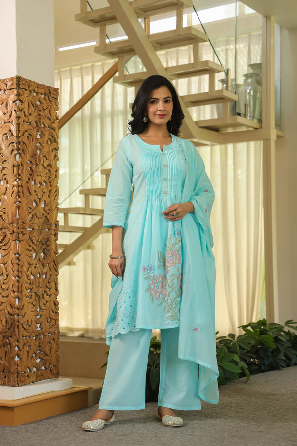 AMAYAH AQUA BLUE PREMIUM  MUL COTTON EMBROIDERED SUIT SET