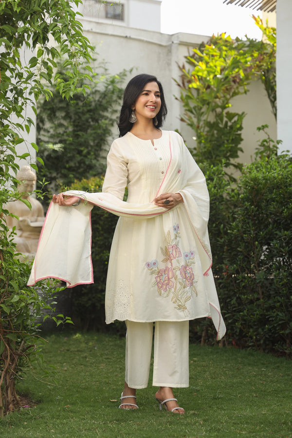 AMAYAH OFF WHITE PREMIUM  MUL COTTON EMBROIDERED SUIT SET
