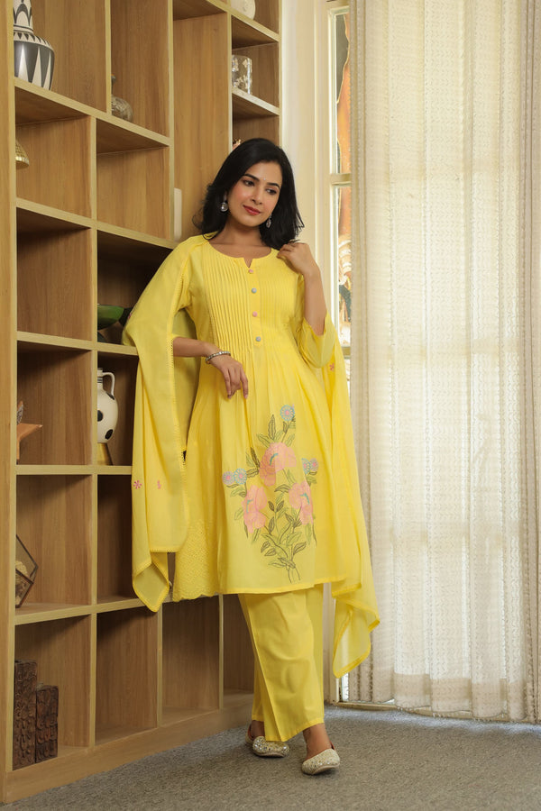 AMAYAH YELLOW PREMIUM  MUL COTTON EMBROIDERED SUIT SET