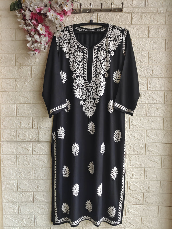 NEHMAT BLACK RAYON CHIKANKARI LONG KURTA