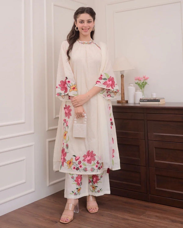 NAAZ IVORY THREAD EMBROIDERED PAKISTANI SUIT SET