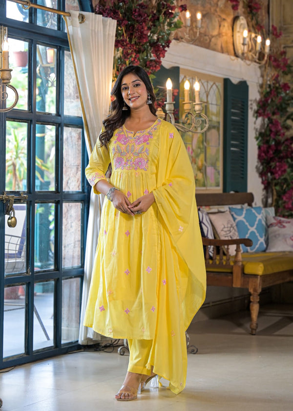 BHAVYA YELLOW PREMIUM MUL COTTON EMBROIDERED SUIT SET