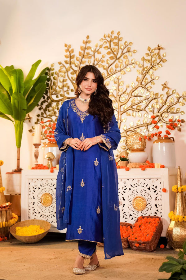 SARGUN ROYAL BLUE PREMIUM RUSSIAN SILK HANDWORK  SUIT