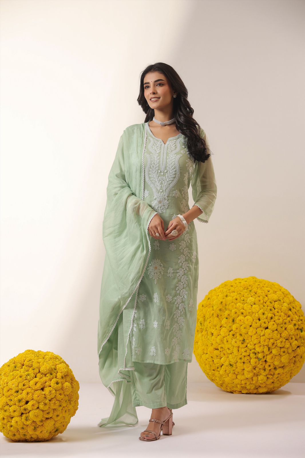SARGAM PISTA GREEN PURE MUL COTTON CHIKANKARI SUIT SET
