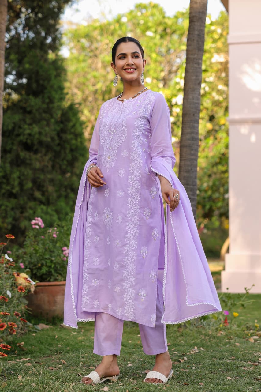SARGAM LILAC PURE MUL COTTON CHIKANKARI SUIT SET
