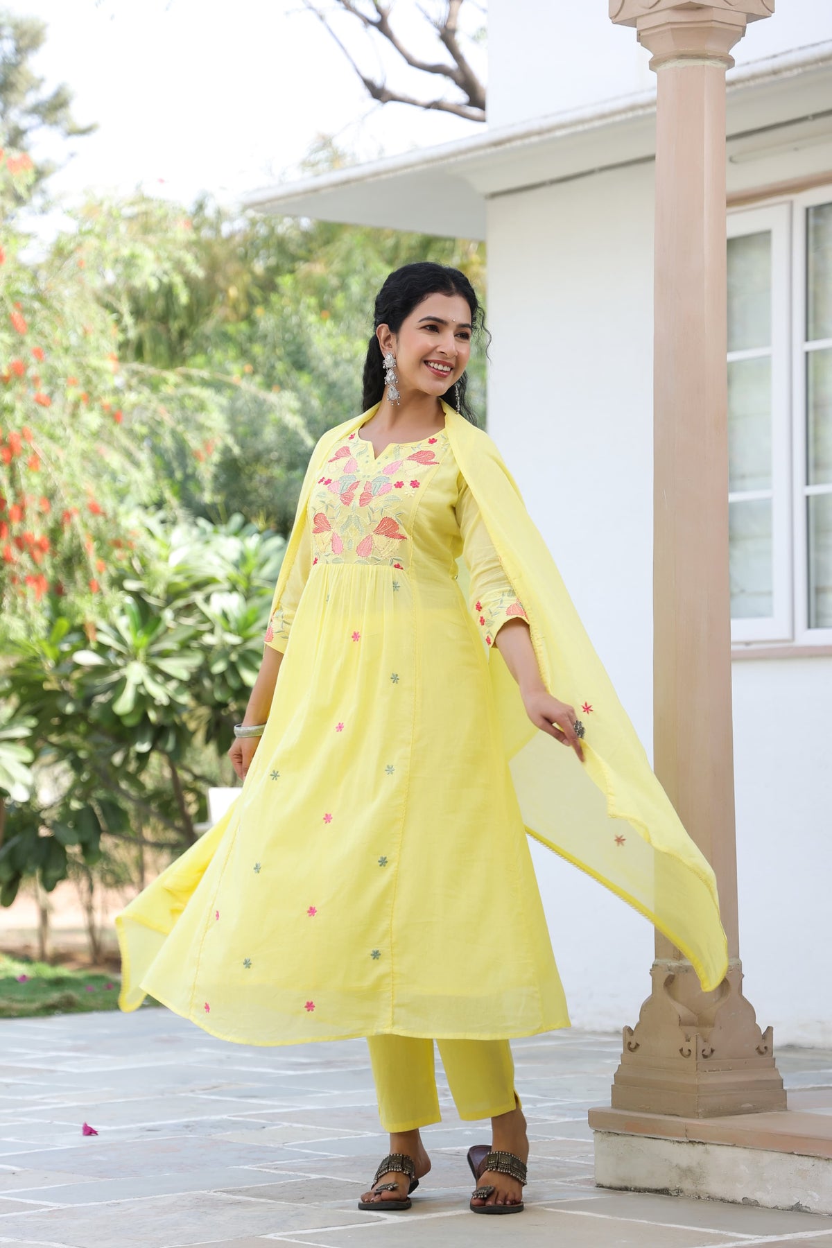 BHAVYA YELLOW PREMIUM MUL COTTON EMBROIDERED SUIT SET