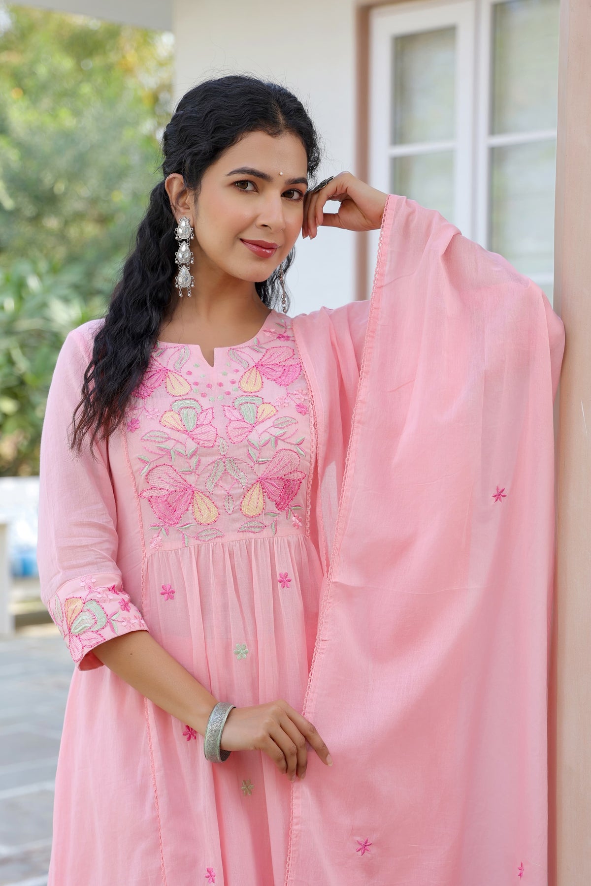 BHAVYA PINK PREMIUM MUL COTTON EMBROIDERED SUIT SET