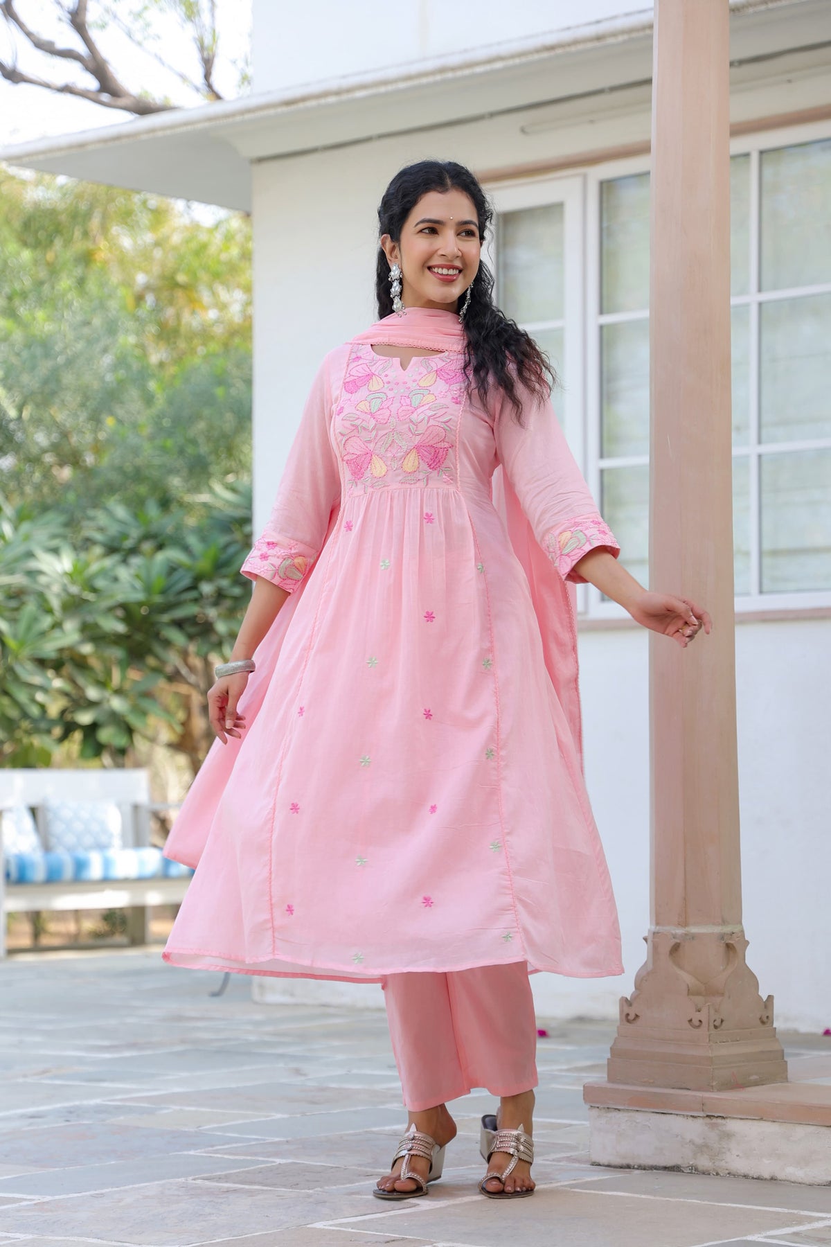 BHAVYA PINK PREMIUM MUL COTTON EMBROIDERED SUIT SET