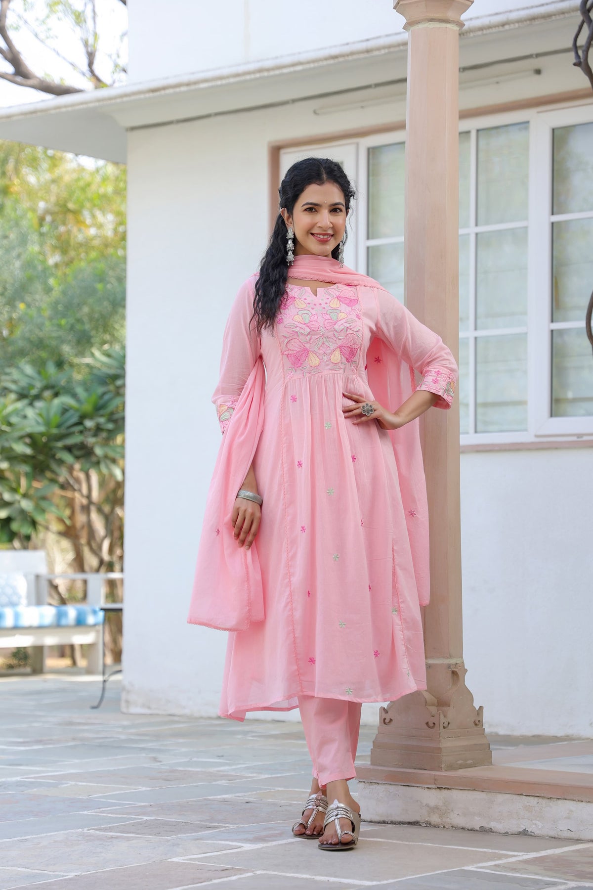 BHAVYA PINK PREMIUM MUL COTTON EMBROIDERED SUIT SET