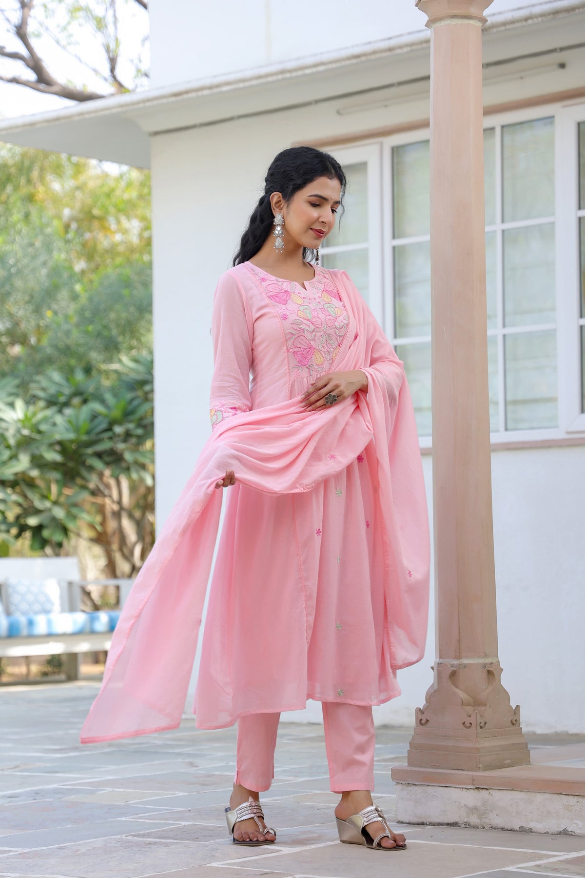 BHAVYA PINK PREMIUM MUL COTTON EMBROIDERED SUIT SET