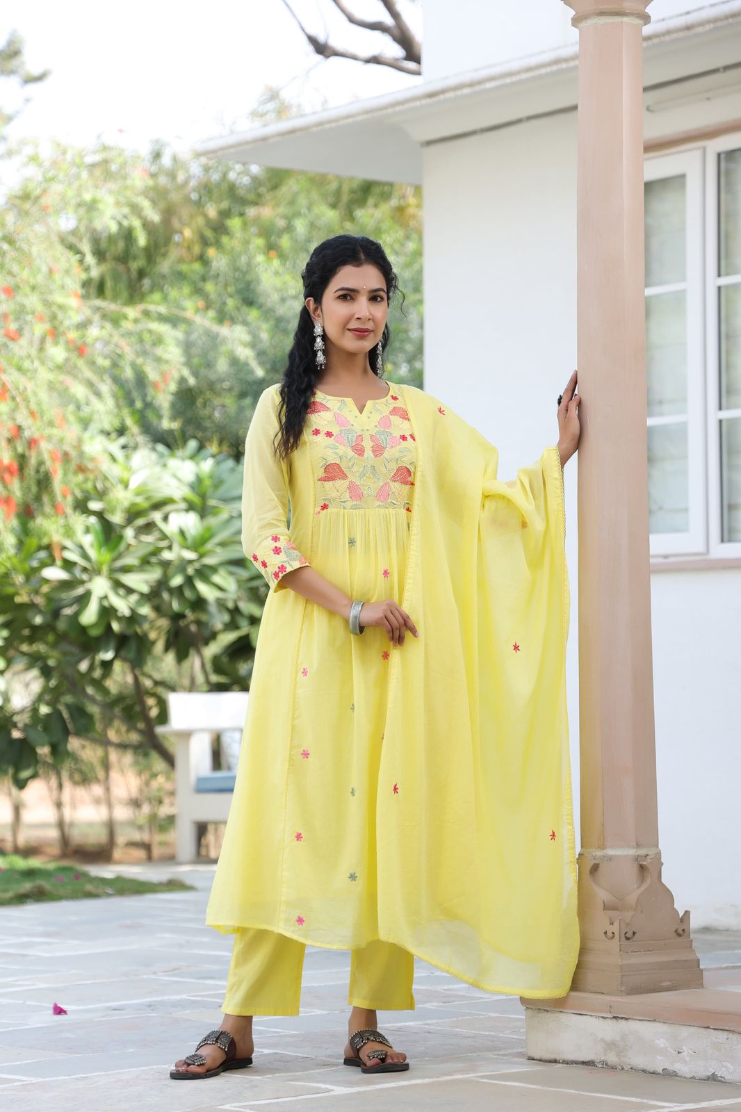BHAVYA YELLOW PREMIUM MUL COTTON EMBROIDERED SUIT SET