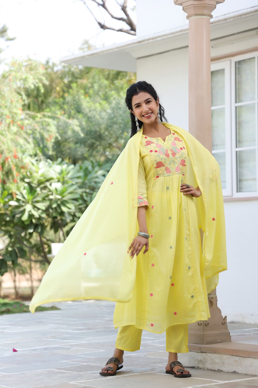 BHAVYA YELLOW PREMIUM MUL COTTON EMBROIDERED SUIT SET