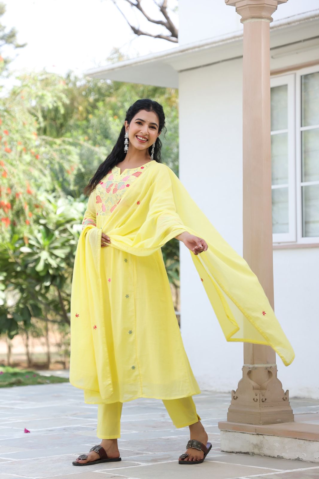 BHAVYA YELLOW PREMIUM MUL COTTON EMBROIDERED SUIT SET