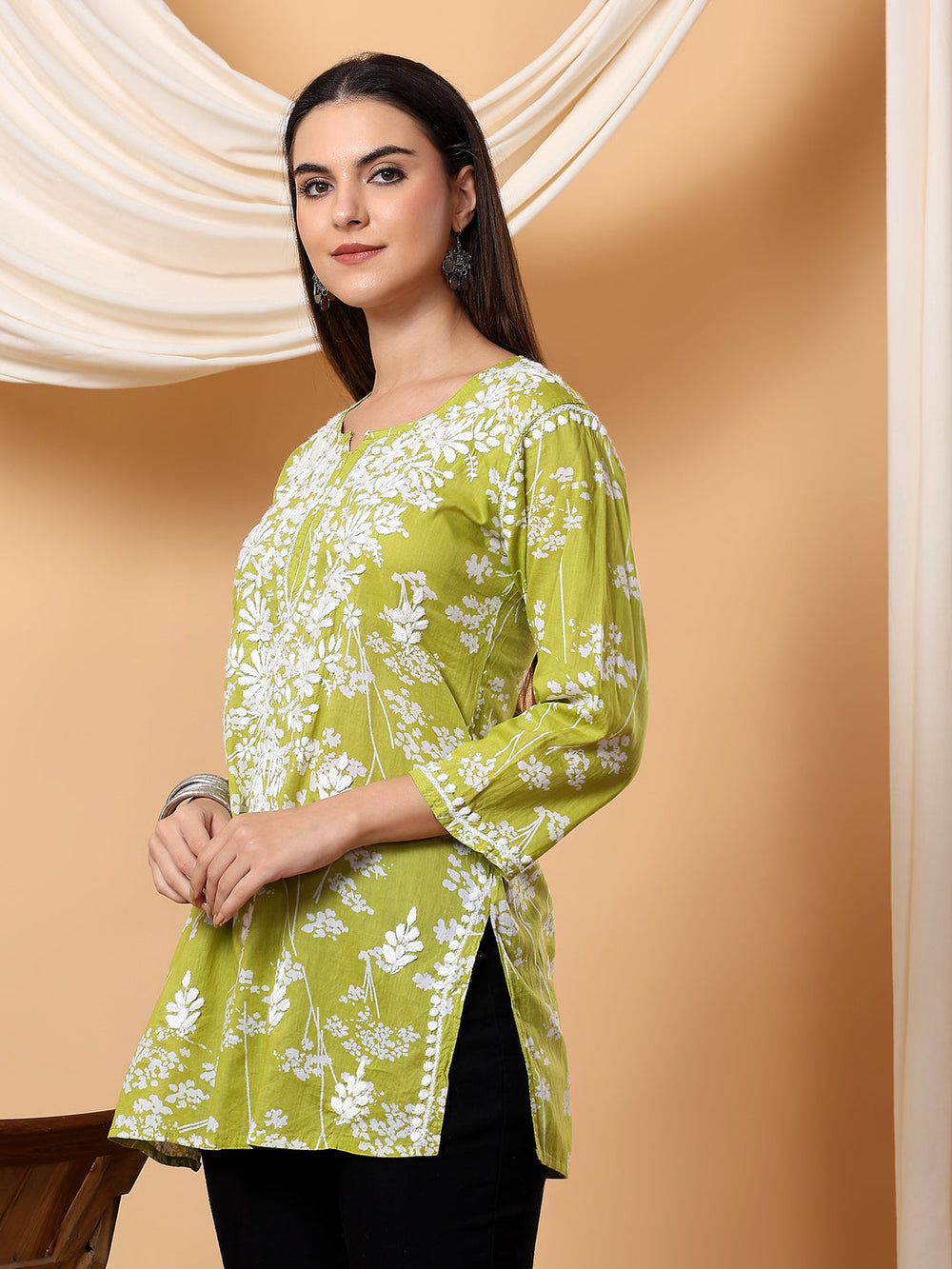 ZEBA HENNA GREEN MUL COTTON CHIKANKARI SHORT KURTI