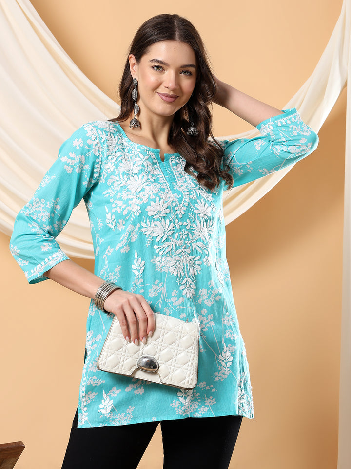 ZEBA SEA GREEN MUL COTTON CHIKANKARI SHORT KURTI